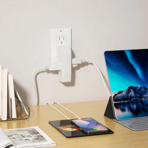 Miniatura 5 de Adaptador divisor de pared vertical de 3 vías con enchufe de 3 puntas para muebles detrás, plástico duro, certificación UL, 1 paquete. Blanco/1PK