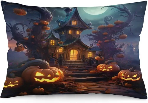 Miniatura 31 de Fundas de almohada frescas de casa embrujada, castillo, luna, bosque medieval, calabaza, fundas de almohada rectangulares con cremallera invisible