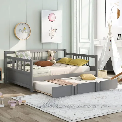 Merax Sofá cama con cama nido, soporte de listones de madera, sofá cama moderno para sala de estar con rieles, tamaño completo, gris