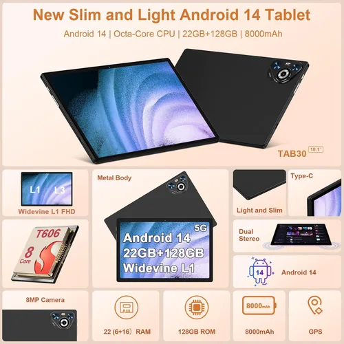 Miniatura 4 de Tablet de 10 pulgadas, 22 GB de RAM+128 GB ROM+1 TB Expand, Android 14 Tablet con teclado y mouse, batería de 8000 mAh, pantalla IPS de 1280 x 800