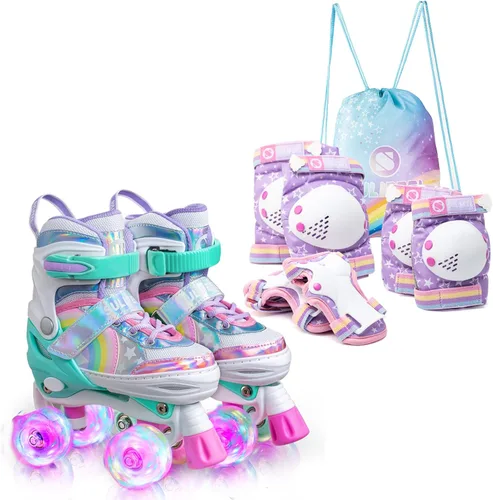 SULIFEEL Rainbow Unicorn - Patines para niños, color verde, con equipo de protección ajustable, color morado, talla M