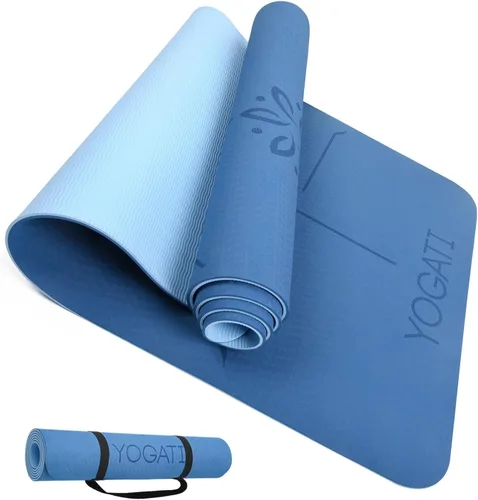 YOGATI® Esterilla de Yoga con Correa con Líneas de Alineación. Esterilla de Entrenamiento en Casa para Mujeres, Hombres y Niños. Esterilla de Yoga