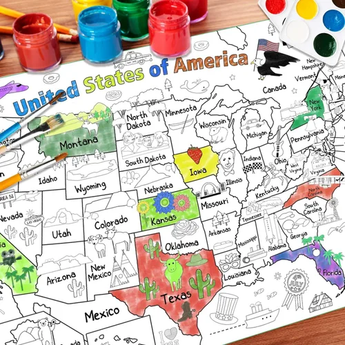 Miniatura 6 de PartyGarden US Map - Póster para colorear para niños, 54 x 33 pulgadas, diseño de mapa gigante de Estados Unidos para colorear, mantel grande