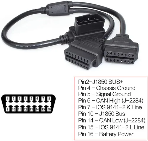 Miniatura 4 de 16 pin OBD2 OBDII Diagnóstico Extensor Divisor Cable de extensión macho a doble hembra Y Cable 12 pulgadas