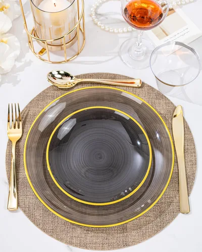 Miniatura 7 de Morejoy 100 platos de plástico negro, platos desechables negros con borde dorado, placa dorada resistente, placa de diseño de remolino moderno que