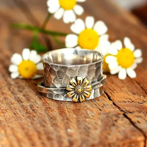 Miniatura 4 de Anillo giratorio de flores de margarita para mujeres, niñas, hombres, antiansiedad, gira libremente, inspiraciones, alivio del estrés, meditación