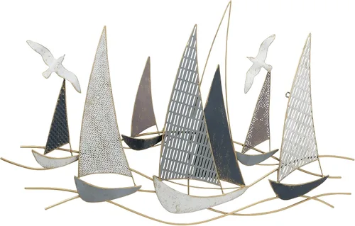 WHW Whole House Worlds Veleros rústicos de regata, arte moderno abstracto, dorado, azul, gris y blanco, metal envejecido, escultura de pared, 42.5