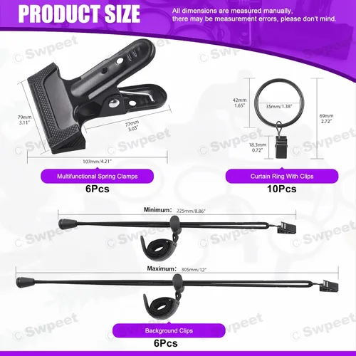 Miniatura 2 de Swpeet Kit de 22 abrazaderas para telón de fondo de fotografía, 10 anillos de cortina con clips, 6 abrazaderas de resorte para telón de fondo y 6
