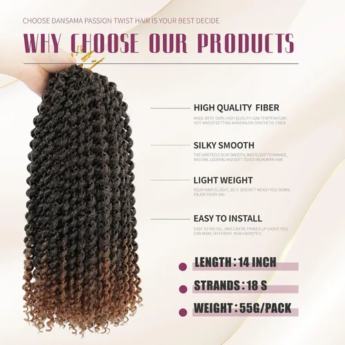 Miniatura 3 de Dansama 7 paquetes de cabello Passion Twist ondulado trenzado para trenzas de ganchillo estilo mariposa, extensiones de cabello bohemio