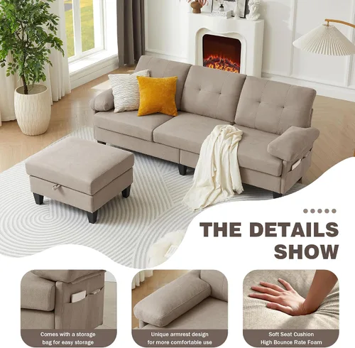 Miniatura 4 de Sofá modular convertible de 84 pulgadas, moderno sofá pequeño en forma de L de tela de lino con diván reversible, sofá de 3 asientos para sala