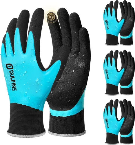 DULFINE Guantes de trabajo 100% impermeables para hombres y mujeres, agarre recubierto de látex de espuma, paquetes múltiples térmicos de invierno o