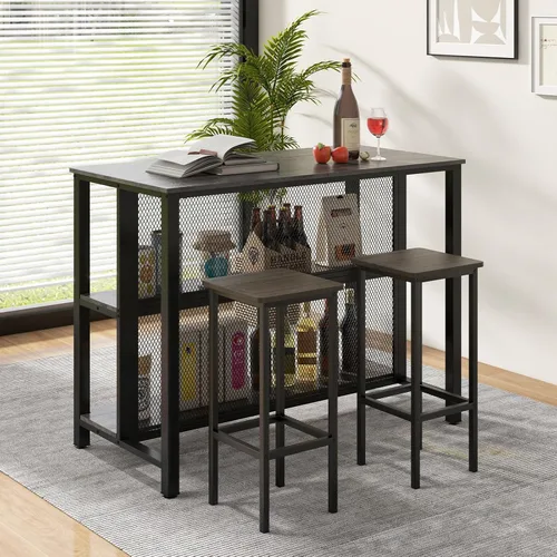 Miniatura 5 de COSTWAY Unidad de bar para el hogar, mesa de bar de 3 niveles con estantes de almacenamiento, marco de metal, almohadillas ajustables para los pies