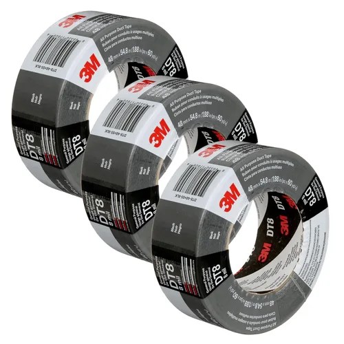 3M Cinta adhesiva DT8, paquete de 3, resistencia industrial, multiuso, cinta de color negro, 1.88 pulgadas x 60 yardas, desgarro a mano, adhesivo de