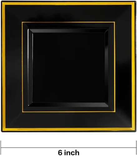 Miniatura 3 de bUCLA 100 platos cuadrados negros de plástico con borde dorado – Platos desechables de postre/aperitivo / pequeños pasteles de 6 pulgadas para Negro