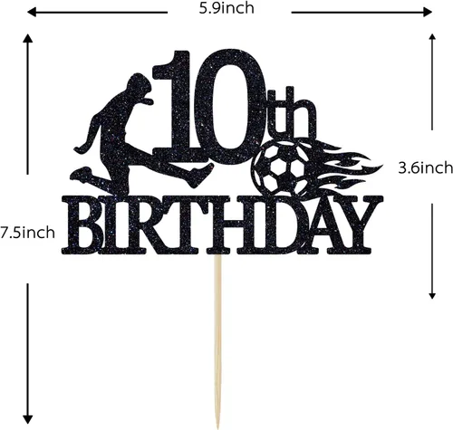 Miniatura 3 de Decoración para pastel de cumpleaños número 10 con purpurina negra, decoración para pastel de pelota de fútbol para 10 años de edad, saludos a 10