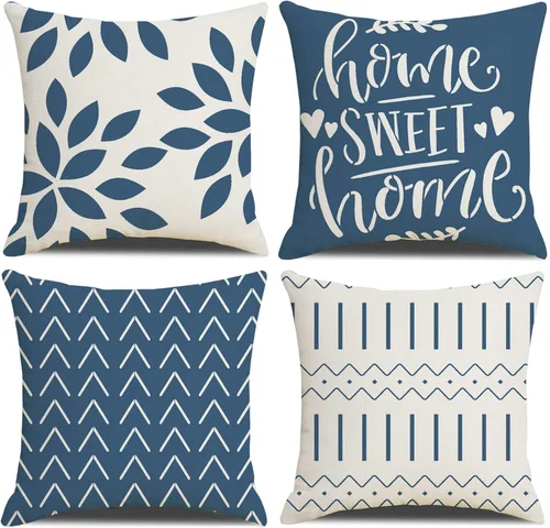 Fundas de almohada de 18 x 18 pulgadas, fundas de almohada cuadradas de 18 x 18 pulgadas, juego de 4 fundas de almohada cuadradas bohemias y Azul