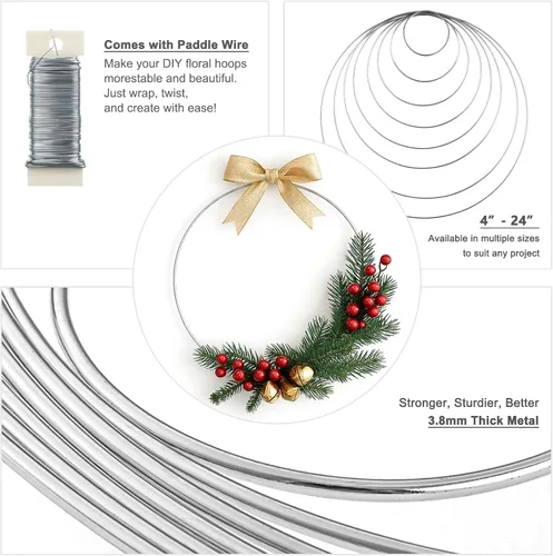 Miniatura 3 de Paquete de 6 aros florales de metal de 24 pulgadas para manualidades, anillos de macramé, coronas, anillos de atrapasueños, coronas, anillos