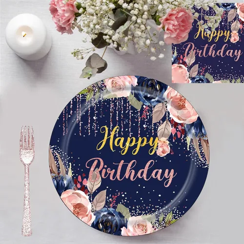 Miniatura 2 de Juego de 97 platos y servilletas de cumpleaños, color azul marino, oro rosa, para mujeres y niñas, platos de papel floral, vajilla, mantel