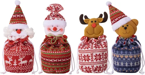 FIJROP Bolsas de regalo de muñeca de punto de Navidad, bolsas de Navidad con cordón de punto reutilizables, diseño de punto 3D para regalos de