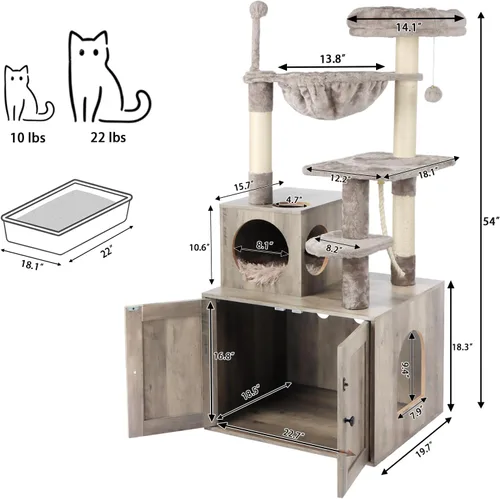 Miniatura 3 de Timberer Árbol para gatos con recinto para caja de arena, torre para gatos 2 en 1 para gatos de interior, condominio grande de madera para gatos