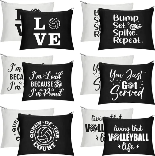 Weewooday 12 bolsas de maquillaje de voleibol, bolsas de lona para cosméticos con palabras, estuche de almacenamiento portátil de voleibol, bolsas