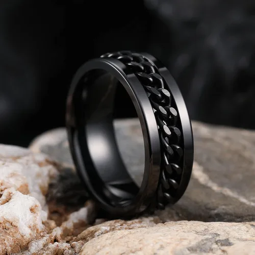 Miniatura 48 de King Will - Anillo antiestrés de acero inoxidable 316L para hombres y mujeres, con cadena decorativa giratoria, 8 mm de ancho, anillo de boda