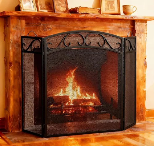 Fire Beauty Pantalla de chimenea 3 paneles con asas de hierro forjado 51 pulgadas (L) x31 (H) Cubierta protectora de chispas (negro)