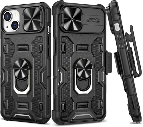 Miniatura 21 de VEGO Funda para iPhone 13 y iPhone 14 con soporte de clip para cinturón, cubierta deslizante para cámara y soporte magnético giratorio de 360°