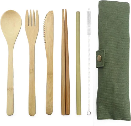 Miniatura 7 de JASHII Juego de cubiertos de bambú para viaje, incluye cuchillo reutilizable, tenedor, cuchara, palillos, popotes y cepillo (beige)