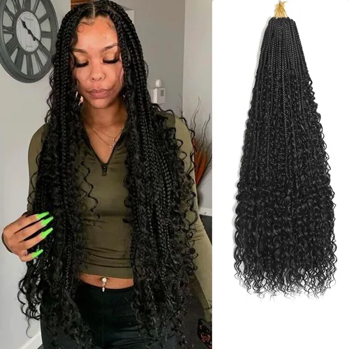 Miniatura 18 de Flagship 9 Paquetes Goddess Box Braids Cabello de Ganchillo para Mujeres Negras - 10 Pulgadas Pre-enrollado con Puntas Rizadas, Estilo Bohemio