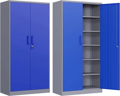 Armario de almacenamiento de metal para garaje, gabinete de almacenamiento con bloqueo de 71 pulgadas con 2 puertas y 4 estantes ajustables, Gris