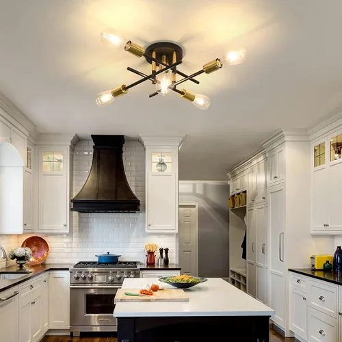 Miniatura 8 de UOFUS Lámpara de techo semiempotrada de 5 luces estilo casa de campo con lámpara E26 moderna lámpara de techo Sputnik negro mate y dorado