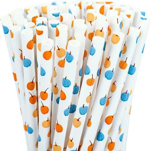 Whaline 200Pcs Fall Paper Straws Blue Orange Pumpkin Disposable Straws Little Pumpkin Baby Shower Drinking Straw for Autumn Harvest Thanksgiving