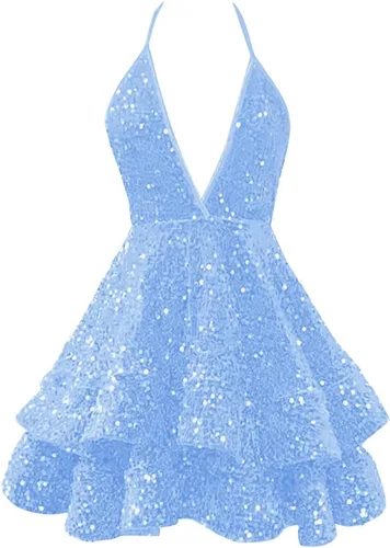 CWOAPO Vestido corto de lentejuelas 2025 con tirantes delgados brillantes, cuello en V, vestidos de regreso a casa para adolescentes, vestido de