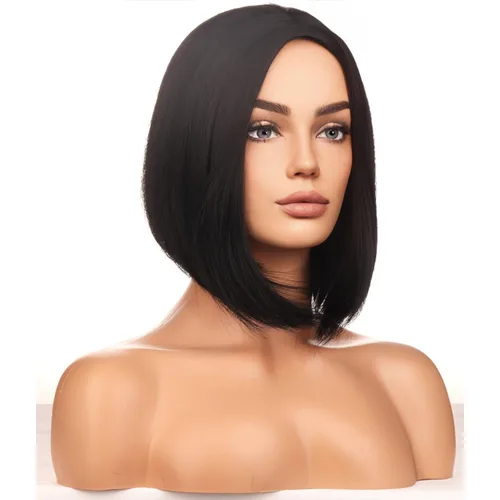 BERON Pelucas negras estilo Bob de pelo corto liso para mujer, pelucas sintéticas negras naturales con parte media para uso diario en fiestas Negro
