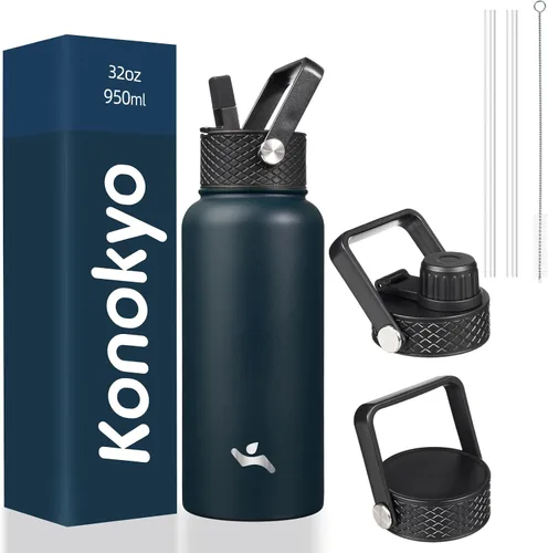 Miniatura 59 de Konokyo - Botella de agua aislada de 18 onzas, botellas deportivas de acero inoxidable con 3 tapas, verde militar
