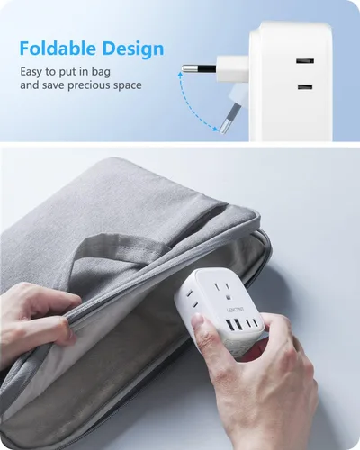 Miniatura 2 de LENCENT - Paquete de 2 adaptadores de enchufe de viaje europeos, enchufe plegable tipo C de Estados Unidos a Europa con 4 tomas, 4 puertos USB