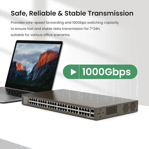Miniatura 5 de Tenda TEG1050F, conmutador Gigabit de 48 puertos, conmutador Ethernet no administrado con 48 puertos Gigabit y 2 ranuras SFP, Plug & Play, montaje