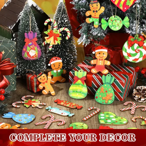 Miniatura 5 de Soaoo 100 Piezas Adornos Colgantes de Caramelo de Menta de Navidad Adornos de Madera para Árbol de Navidad Conjunto Piruleta Pan de Jengibre Bastón