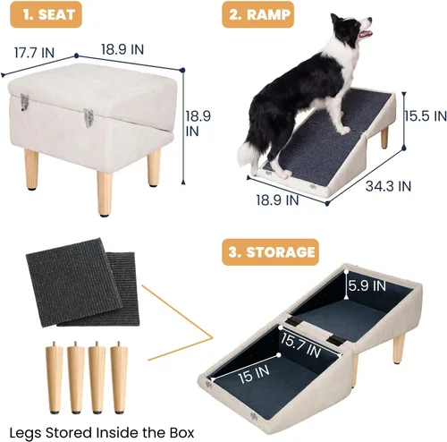 Miniatura 5 de Rampa 3 en 1 para perros de 18.9 x 17.7 x 18.9 pulgadas con almacenamiento, escaleras para mascotas para perros y gatos mayores y lesionados