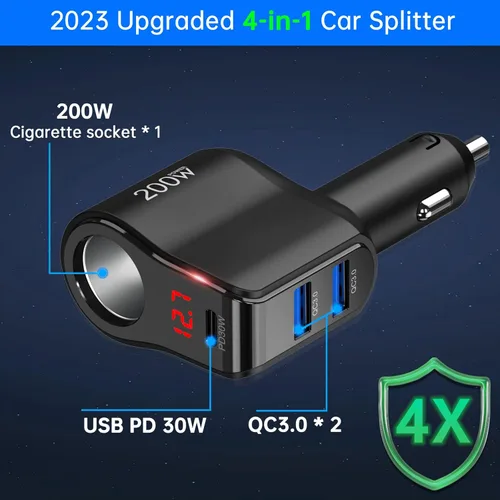 Miniatura 2 de Adaptador de cargador de coche PD USB C de 200 W: divisor de enchufe de encendedor de cigarrillos de 12 V Enchufe de CC de 12 voltios Toma