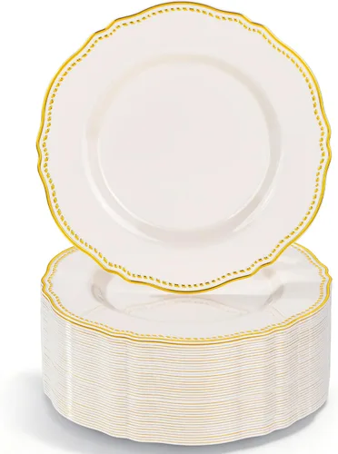 Miniatura 23 de Hioasis 100 piezas Platos de plástico blancos - Platos de cena desechables blancos de 10.25 pulgadas, Platos de cena de plástico, elegantes