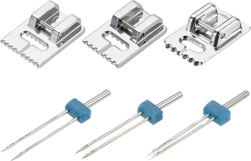 HARFINGTON Máquina de coser doble aguja doble estiramiento con 3 piezas de ranura para máquina de coser doméstica, 1 juego (paquete de 6)