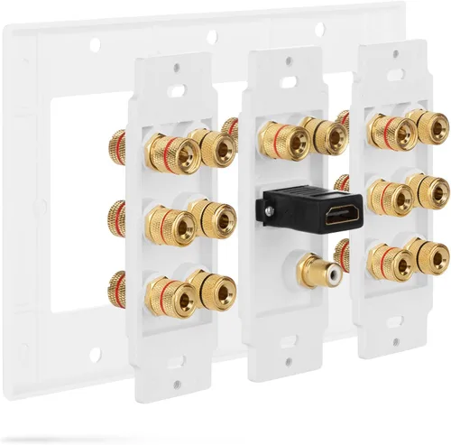 Miniatura 5 de Fosmon HD8006 placa de pared de 3 grupos para sonido envolvente 7.1 de Home Theater con uniones de cobre chapadas en oro. Blanco