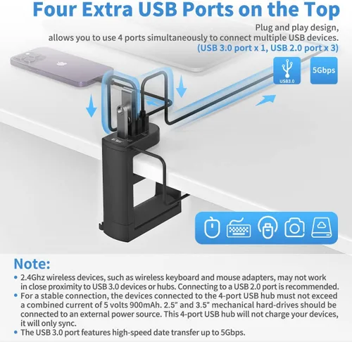 Miniatura 9 de KIWIFOTOS Soporte para auriculares con 4 puertos USB, soporte para auriculares para juegos de PC, abrazadera de rotación de 360 grados, soporte