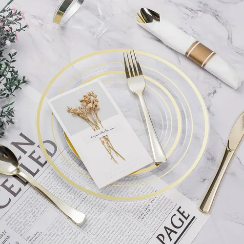Miniatura 5 de BESTVIP - Juego de vajilla de plástico dorado transparente de 350 piezas para 50 invitados, plato desechable para fiestas de Navidad y Año Nuevo