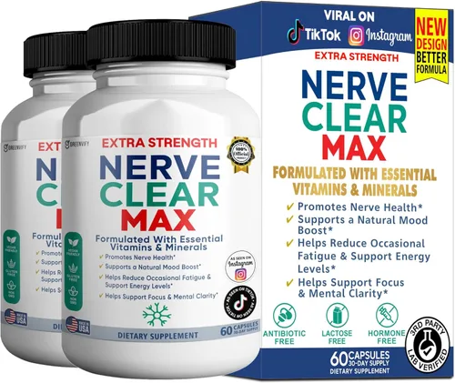 Miniatura 5 de Nerve Clear Max Extra Strength, vitaminas y minerales esenciales, apoyo para la salud nerviosa, 60 cápsulas, suministro para 30 días (1)