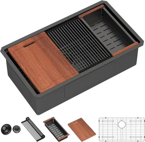Miniatura 44 de Lordear Fregadero de cocina de montaje inferior de 23 pulgadas, estación de trabajo, fregadero de cocina de acero inoxidable calibre 16, cuenco