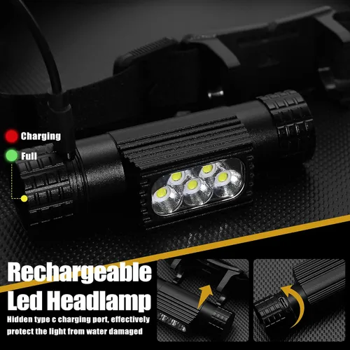 Miniatura 4 de Linterna frontal recargable, 2000 lúmenes, lámpara LED súper brillante para adultos, IP67 impermeable recargable con 9 modos, linterna de cabeza