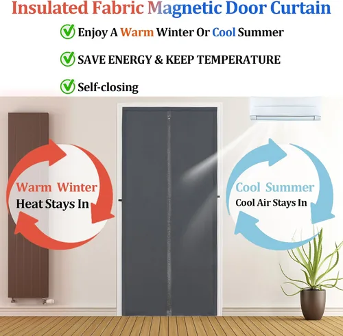 Miniatura 2 de Cortina magnética para puerta con aislamiento térmico, tela en capas más gruesas e imanes de tira completa, cortinas temporales de puerta, puerta